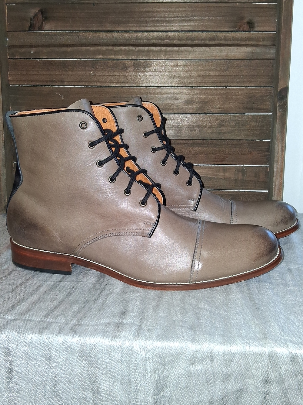 Penny Luck Gambler Taupe Leather Boots with Contrast Laces